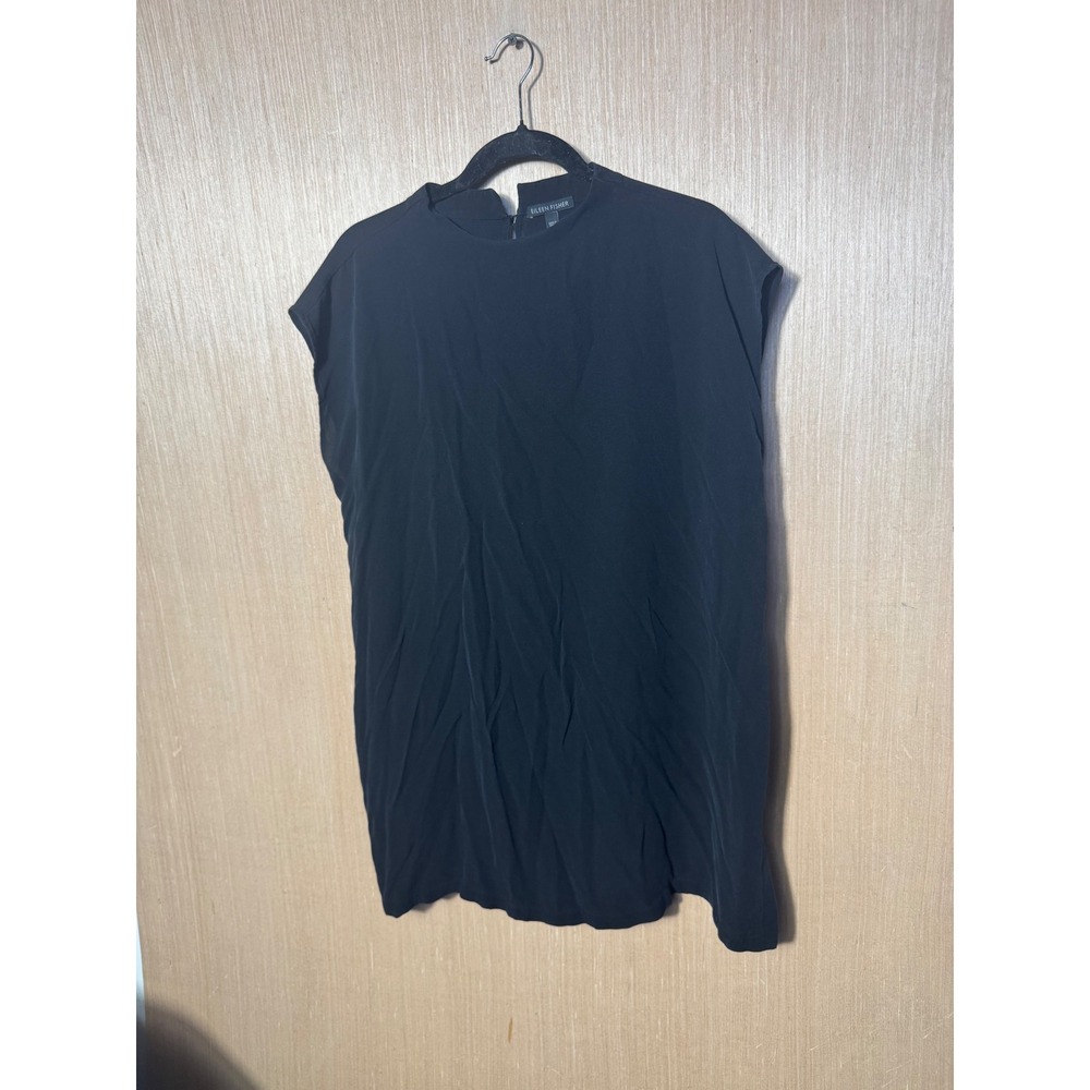 Eileen Fisher Womens Black 100% Silk High Neck Cap Sleeve Blouse Top Large LG